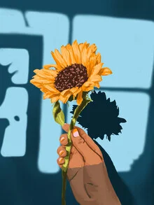 Illustration by Uma Gokhale: colorful sunflowers in a lively still life.