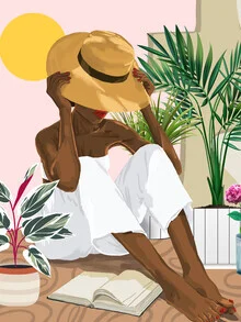 Illustration einer Frau, die in einem tropischen Umfeld ein Buch liest.