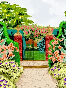 Illustration by Uma Gokhale: A colorful garden scene featuring a gate and vibrant plants.