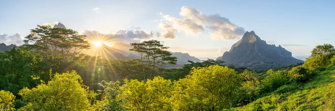 Photo art by Jan Becke: panoramic view of Moorea at sunset over the valley