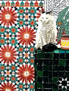 Wall art by Uma Gokhale: playful cat in boho style, vibrant and colorful.