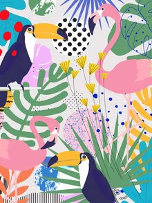 Wall art featuring colorful birds and plants in a cheerful, tropical style.