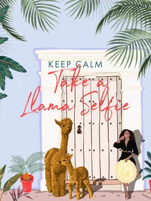 Wall art featuring a colorful illustration of a woman with a llama in a tropical setting