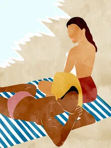 Illustration by Uma Gokhale: two women at the beach under a blue sky