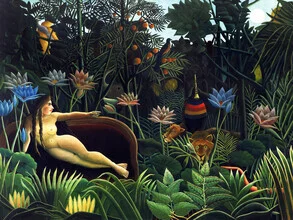 Illustration by Henri Rousseau: dreamy jungle scene with a calm atmosphere