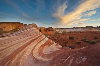 Beautiful landscape featuring rock formations and a dramatic sky over Nevada