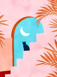 Wall art by Uma Gokhale: colorful illustration of a relaxed cat in a tropical setting