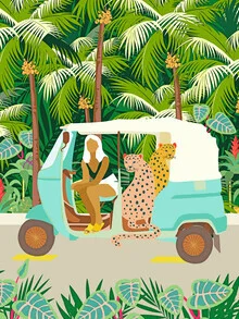 Wandbild von Uma Gokhale: Frau im Rikshaw mit Javanleoparden in tropischer Umgebung