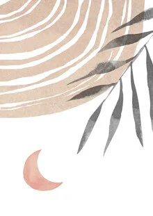 Wall art by Nikki Thaitanom: abstract depiction of a natural scene with moon and palm leaf