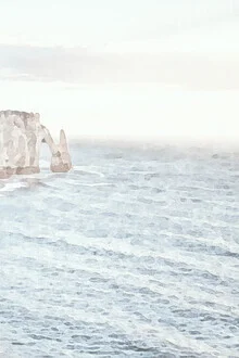 Wall art depicting a coastal landscape in soft watercolors, conveying a calm mood