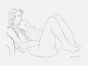 Illustration by Henri Matisse: nude with a necklace and long hair, soft colors.