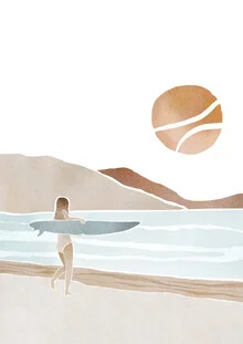 Illustration of a woman with a surfboard on the beach at sunrise.