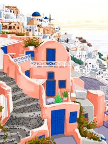 Wall art by Uma Gokhale: colorful architecture of Santorini under a sunny sky