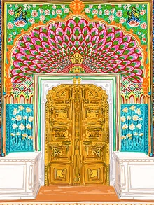 Wall art by Uma Gokhale: colorful illustration of a palace door in Jaipur