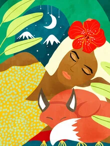 Illustration by Uma Gokhale: a woman sleeps in the snow with her fox