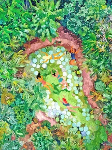 Vibrant wall art by Uma Gokhale featuring a tropical pool surrounded by lush plants.