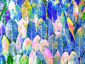 Wall art featuring colorful leaves that depict a vibrant jungle scene.