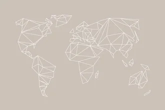 Wall art featuring a geometric world map in soft beige tones