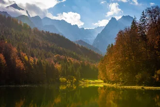 Photo art by Martin Wasilewski: calm autumn landscape at Lake Riessersee in the Alps