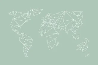 Wall art featuring a geometric world map in soft sage green tones