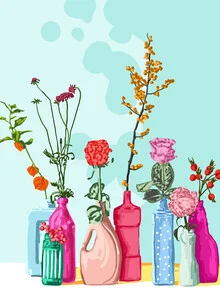 Illustration by Uma Gokhale: colorful pots on a meadow with flowers.