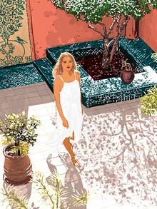 Illustration of a woman enjoying the sun, surrounded by plants in a modern style.