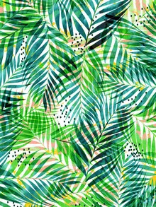 Wall art featuring lush palms and colorful leaves, evoking a summery feel.