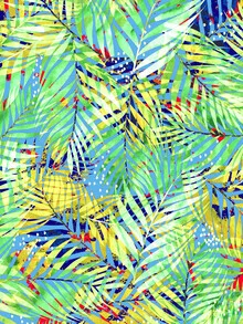 Illustration by Uma Gokhale: colorful palms in a winter forest
