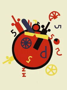 Abstract illustration by László Moholy-Nagy: emotional machines in vibrant colors.