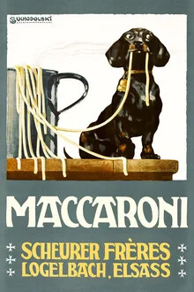 Illustration by Siegmund von Suchodolski: playful maccaroni and dachshund in retro style