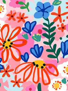 Playfully illustrated flowers in a colorful garden capturing summer vibes