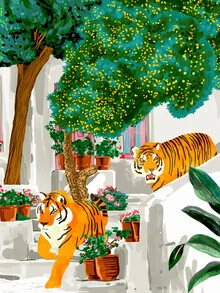 Illustration by Uma Gokhale: Tigers in a vibrant Greek landscape