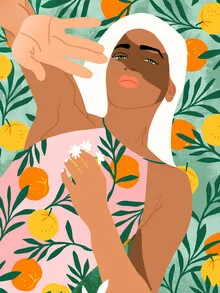 Illustration of a woman in an orange grove, surrounded by colorful plants