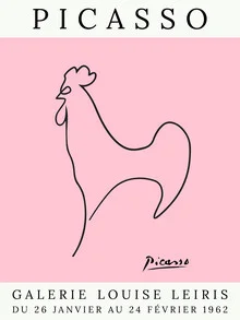 Illustration of a rooster in soft pink tones, conveying a calm atmosphere.