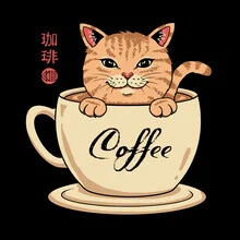 Wall art featuring a cat enjoying coffee in a nostalgic pop art style.