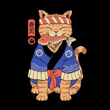 Wall art featuring a stylized kitten enjoying sushi in vibrant retro colors.