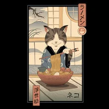 Wall art by Vincent Trinidad Art: playful cat with a bowl of ramen.