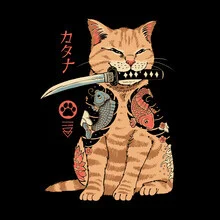Wall art by Vincent Trinidad Art: nostalgic image of a kitten with a sword and retro elements