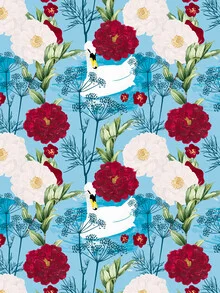 Illustration by Uma Gokhale: swans in a botanical pond pattern