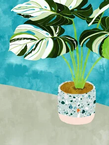 Wall art by Uma Gokhale: stylized monstera plant in soft colors