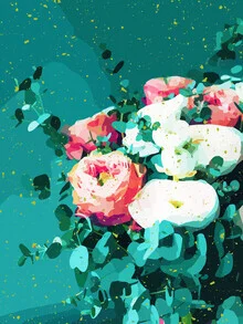 Colorful illustration with flowers and confetti, conveying a cheerful summer vibe