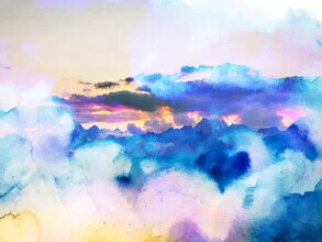 Wall art: colorful watercolor landscape featuring mountains and clouds