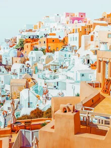 Wall art featuring a playful mix of colors and shapes inspired by Santorini