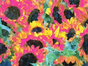 Wall art featuring colorful sunflowers in watercolor style, cheerful color palette.