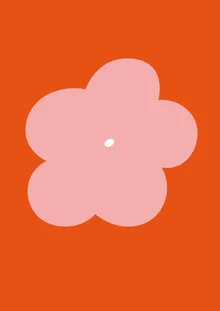 Illustrierte große Blume in sanften Rosa- und Grüntönen, ruhige, verspielte Stimmung.