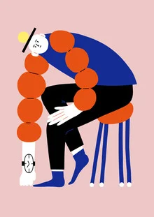 Illustration von Susann Stefanizen: Mann sitzt auf einem Hocker und wartet gelassen.