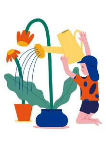 Illustration eines kleinen Jungen, der im Garten mit einer Gießkanne Blumen gießt