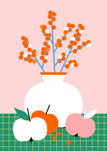 Illustration von Susann Stefanizen: Ilex und Äpfel auf einer karierten Tischdecke
