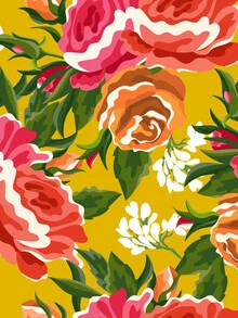 Illustration by Uma Gokhale: floral pattern with plants and blooms in soft colors