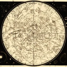 Illustration of a star map with fine lines and a nostalgic feel.